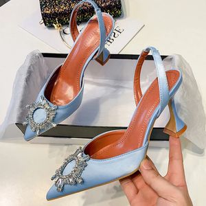 Geklede schoenen Big Size 41 42 Blauw Damespumps Zijde Satijn Puntige Teen Strass Kristal Hoge Hakken Schoenen Instappers Dames Bruiloft Pumps Sandaal 231116