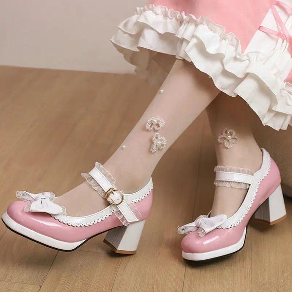 Zapatos de vestir Tamaño grande 46 47 48 Rosa Color blanco mezclado Lolita Cerrado Toe Girls Cosplay con Bowtie Knot Chunky Tacones altos Bombas de mujer