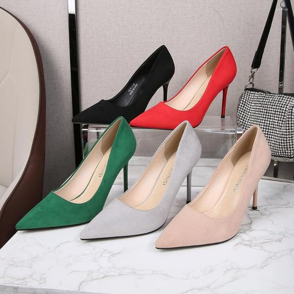 Robe chaussures grande taille 46 pompes femme 9cm stilettos talons hauts dames 2022 bout pointu troupeau travail concis femmes bureau vert