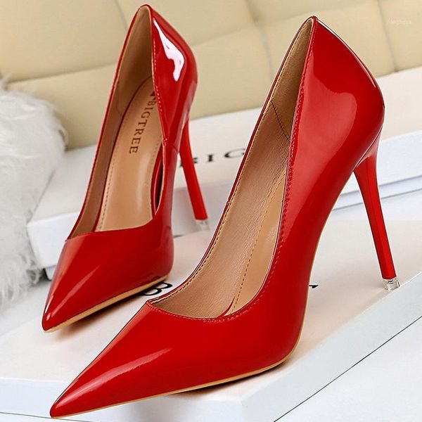 Chaussures de robe Bigtree Cuir Patent Femme Pumps High Talons Stiletto 10,5 cm Rouge Mariage Mariée Femmes 2022