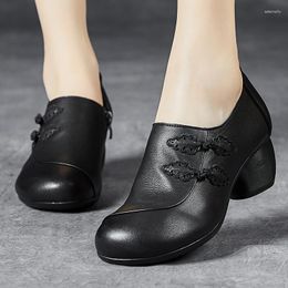 Chaussures habillées Birkuir talon épais pour femmes bouton chinois luxe en cuir véritable Zip noir travail pompes rétro quatre saisons dames