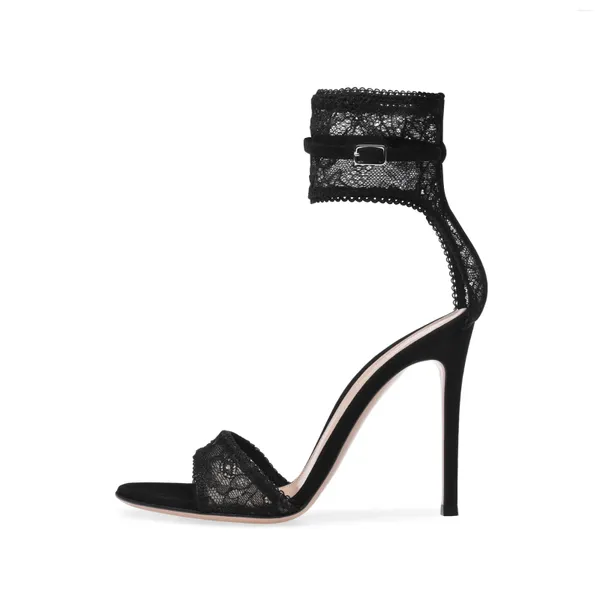 Robe chaussures noir et or sexy maille sandales bout ouvert dentelle ultra talons hauts boucle en métal grande taille catwalk femmes sandalias mujer