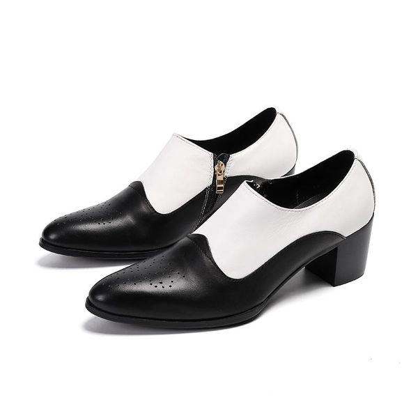 Robe chaussures noir et blanc hommes formels en cuir véritable haut talon bureau hommes respirant patchwork bout pointu fermeture éclair