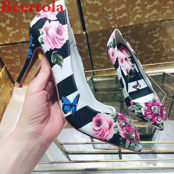 Zapatos de vestir a rayas blancas y negras, zapatos de tacón para mujer, mariposa azul, estampado de rosas, flores de diamantes de imitación, tacones altos para boda para mujer