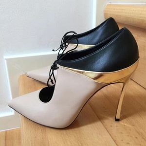 Chaussures habillées Black Beige Gold Le cuir patchwork talons lame de lame Pumps Lace à face Point Point Metal Stiletto Haut-chevilles HOTKLE