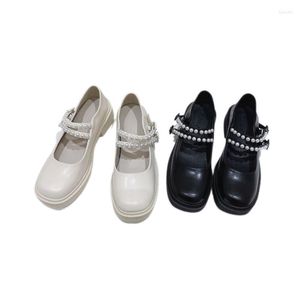 Dress Shoes Black Beige Leather Women#39; s platform Mary Janes Cute Ladies White Pearls Dikke dikke bodempompen Lolita Hoge hakken