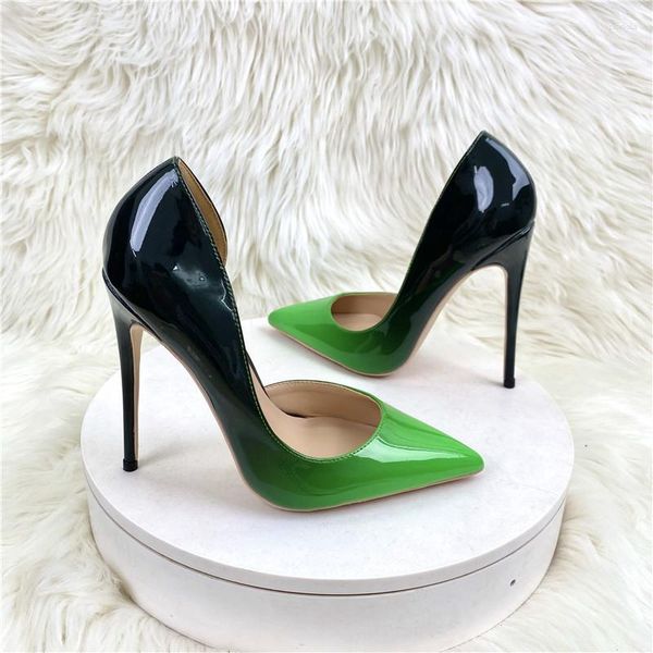 Zapatos de vestir Negro Verde Color degradado Mujeres Punta puntiaguda Zapatos de tacón de aguja brillantes Mujeres sexy 12 cm Fiesta de tacón alto 10 cm