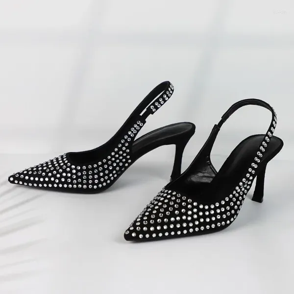 Chaussures de robe Sandales à talons hauts noirs pour femmes 2024 Designer d'été Luxe Diamond Slingback Bureau élégant avec tête pointue