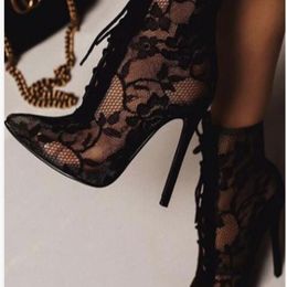 Dress Shoes Black Mesh Mesh Dames Laarzen Hoge hakpompen Bloemen veter-up dunne hoge hakken enkel puntig TOED PARTY Trouwschoenen 230203