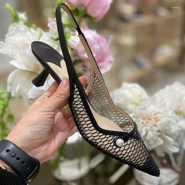 Chaussures habillées en maille noire Perle fermée toe stiletto sandales femme été 2024 talons hauts à lanières pointues brillantes pour les femmes