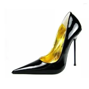 Dress Shoes Black Patent Leather Metal Dunne Heel Pointy Toe Dames Pumps 12 cm Slip op ondiepe vieren Big Size 45