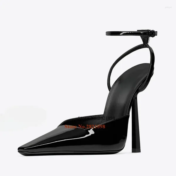 Zapatos de vestir Zapatos de tacón de charol negro con punta en punta Tacón de aguja alto Tacón trasero Correa de cristal Puntiagudo Mujer