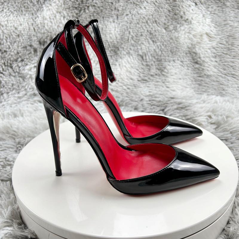 Klädskor svart patent läder kvinnor ankel rem stiletto pumpar pekade tå 8 cm 10 cm 12 cm sexig hög häl
