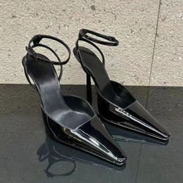 Chaussures de robe en cuir verni noir Zapatos Mujer 2024 Tendencia bride à la cheville femmes ceinture boucle sandales à talons Bota Feminina couleur unie