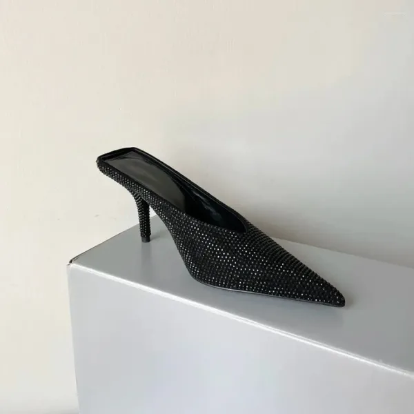 Zapatos de vestir Sandalias con punta en punta y diamantes de imitación negros Diamantes Zapatillas de tacón de aguja Use cuero exterior Mulas de tacón alto Sandalias Mujer Verano