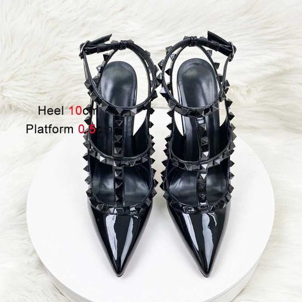 Robe chaussures noir été romain 2023 nouvelles femmes rivets talons hauts pieds sexy ceinture nue 12cm sandales pointues plus taille élégante dame pompes h2403256