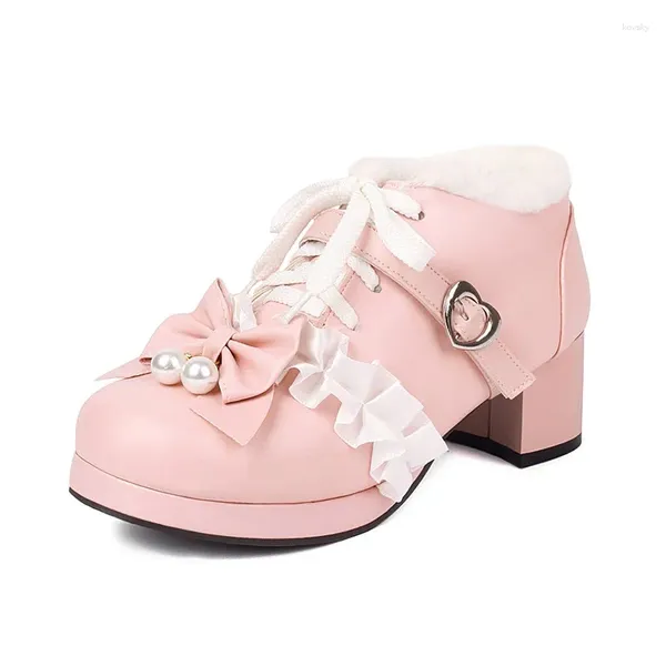 Chaussures habillées noir blanc rose grande taille 33-48 filles douces lolita pompes chaudes fourrures plate-forme dentelle de ruisseau de ruisseau mary jane