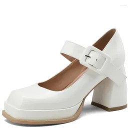 Sapatos de vestido preto branco mulheres saltos altos mary janes plataforma de couro genuíno feminino festa de trabalho dança bombas de casamento