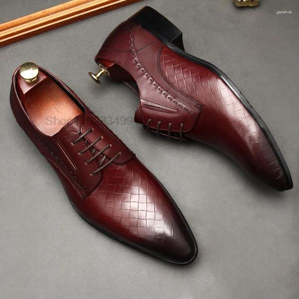 Zapatos de vestir Negro Vino Rojo Hombres Cuero genuino Punta puntiaguda Oxford Lace Up Oficina Negocio Boda A cuadros Formal para