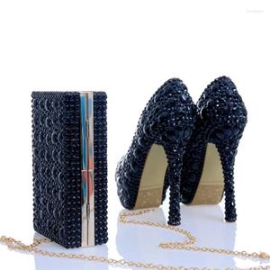 Chaussures habillées femmes noires fête et sac ensemble talons hauts luxe brillant cristal rouge Brida strass mariage grande taille