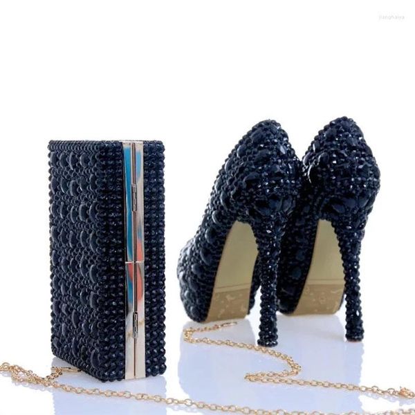 Chaussures habillées femmes noires fête et sac ensemble talons hauts luxe brillant cristal rouge Brida strass mariage grande taille