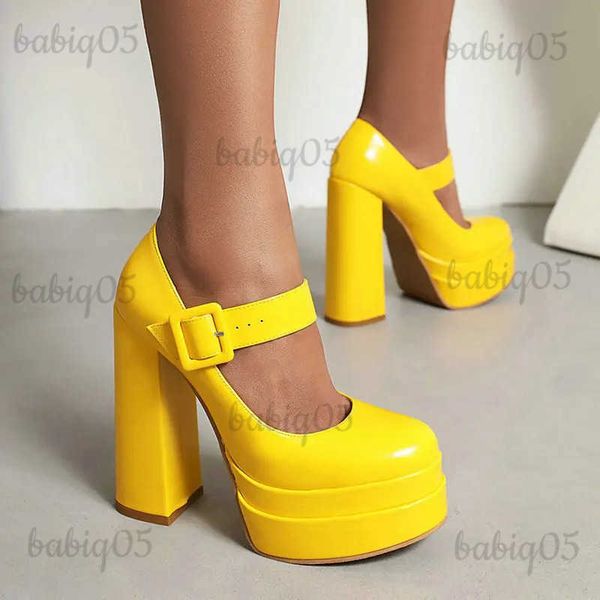 Zapatos de vestir Negro Amarillo Blanco Verde Mujeres Zapatos de tacón alto Plataforma Cuadrado Tacón alto Bombas de mujer Cuero de PU Punta redonda Hebilla Zapatos de mujer T231125