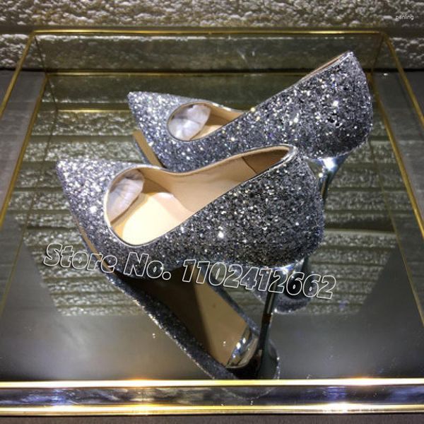 Chaussures habillées bling brisé diamant pompes argenté pointu pointu mince talon haut talon de mariage sexy de mariage stiletto princesse