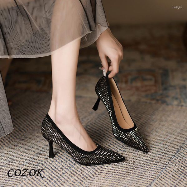 Zapatos de vestir Bling Tacones altos Mujer 2023 Zapatos de fiesta elegantes de lujo Negro
