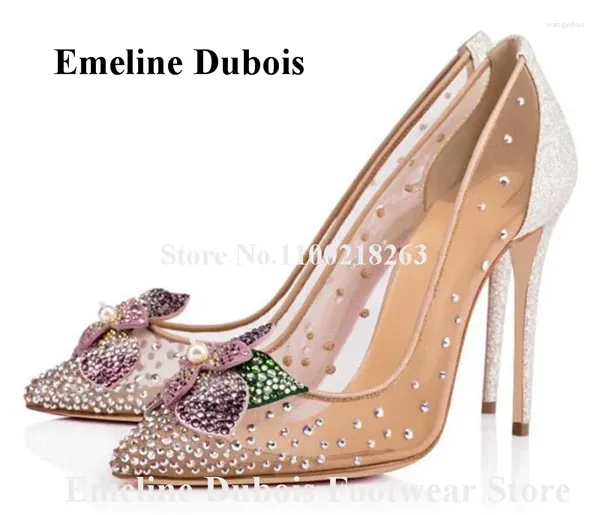 Chaussures habillées Bling Rignestones Mesh Pumps Emeline Dubois Beau Cristaux pointues Cristaux en dentelle Stiletto noué