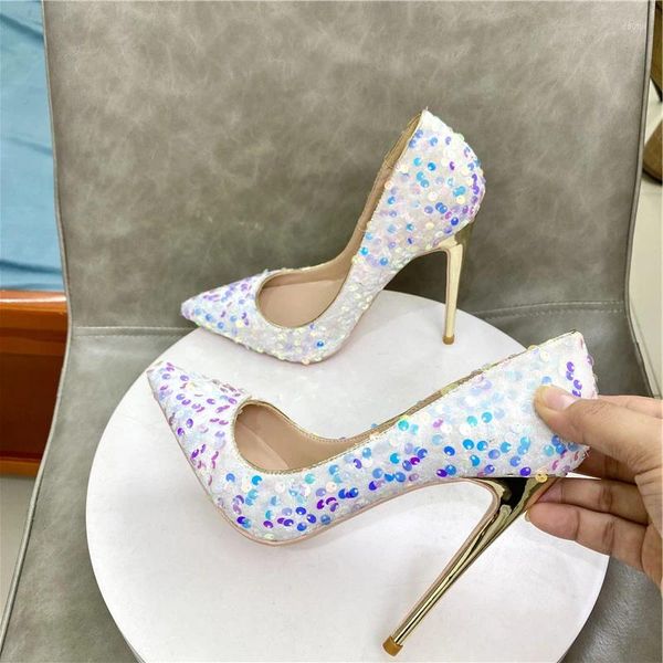 Zapatos de vestir Bling Lentejuelas Mujeres Blanco Punta puntiaguda Tacón alto para fiesta de boda Sparkle Celebrity Stiletto Bombas 8 cm 10 cm 12 cm