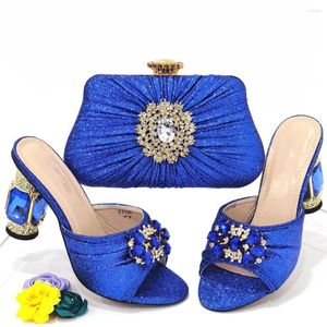 Dress Shoes Blue 9cm Hog Heel Women Match Purse met Crystal Decoration African Dressing Pumps en Bag Set CR139-1