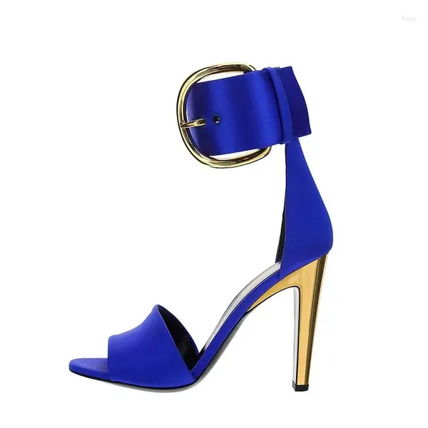 Chaussures habillées satin bleu orteil ouvert boucle orde sangle sandales à talons pour les femmes