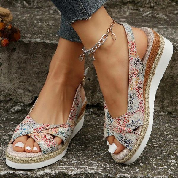 Chaussures habillées Boho ethnique imprimé sandales compensées pour dame peep toe bride à la cheville bohême espadrilles enveloppées habillées été