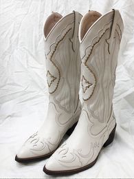 Zapatos de vestir Bonjomarisa White Cowboy Western Knee Boots High Boots Diseño Talón grueso Toe Slip en otoño Long Riding Casual 230816