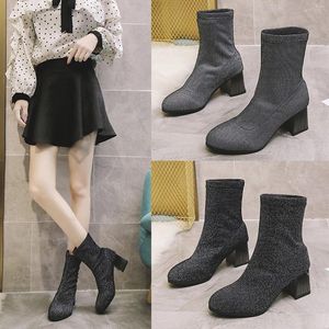 Chaussures habillées bottes pour femmes talon bas large mollet élastique hiver chaussettes hautes tricot princesse