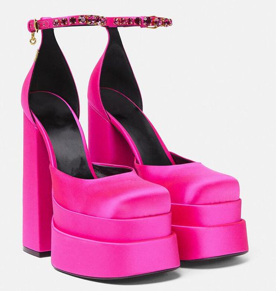 Zapatos de vestir marca plataforma doble tacón de bloque mujeres zapatos de tacón alto satén fiesta de boda sandalia fresca Chaussure Femme Luxe Marque