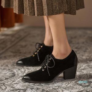 Zapatos de vestir Marca Moda Tacones altos Bombas de cuero genuino Simple con cordones Punta estrecha Oficina Negro