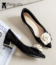 Dress Shoes Brand Ladies Pumps Real Velvet with Camellia Dames 4 cm Medhigh Heels stewardess ol Bridal Wedding Shoe Tacones 2211025770227