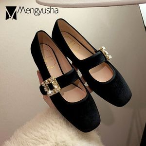 Zapatos de vestir Marca Terciopelo Pisos Mujeres Hebilla Cinturón Zapatos de cristal Señoras Mary Jeans Mocasines Diseño de lujo Mocasines Lolita Bailarina Mujer 230228