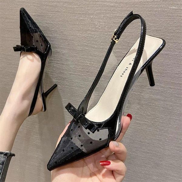 Chaussures habillées Sandales respirantes 2024 Wave Dot Mesh High Heels Femme Talon mince Bow Middle Back Air pointu Single