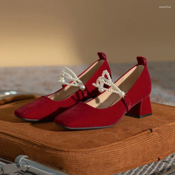 Zapatos de vestir nupciales con punta cuadrada Tacón medio Boda Gamuza Rojo Banquete de mujer individual Estilos de primavera y otoño