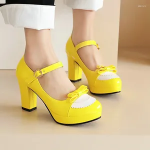 Robe chaussures jaune vif violet bout fermé rose filles cosplay lolita patchwork noeud papillon design mignon femmes mary janes pompes talons