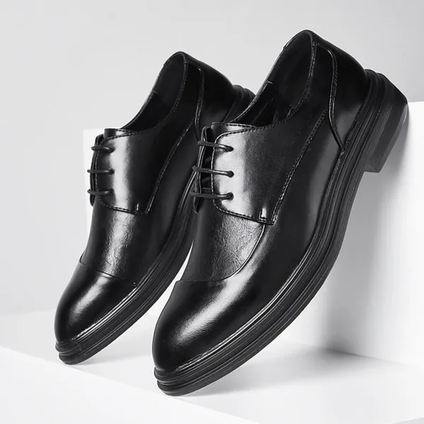 Chaussures habillées britanniques bout pointu tenue d'affaires pour hommes décontracté couleur unie à lacets en cuir noir respirant grande taille