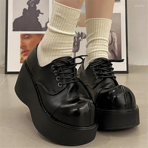 Robe chaussures style britannique bout rond semelle épaisse talons épais femmes pompes plate-forme à lacets compensées mocassins noirs mode rue femme