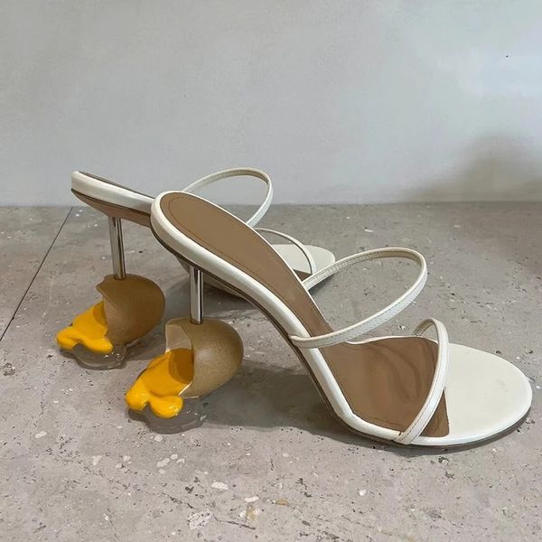 Zapatos de vestir Huevo roto Resbalón en sandalias para damas Tacón de metal Desfile de moda Mujeres Hecho a mano Sandalias de cuero genuino de mujer Verano 2023 231212