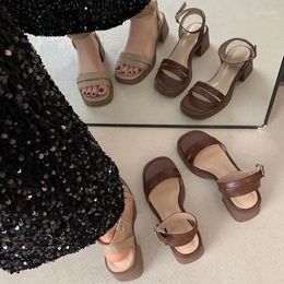 Dress Shoes Bruine Franse stijl met verhoogde dikke hiel sandalen voor dames 2024 Summer Haute Couture Evening Fairy