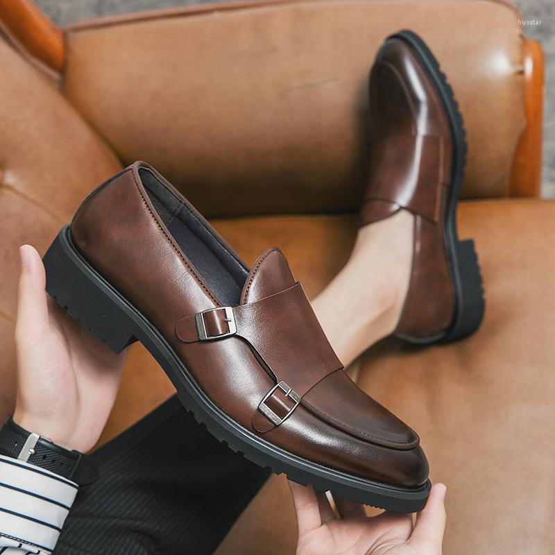 Dress Shoes Brown Loafers Men Double Buckle Monk Round Toe Slip-On