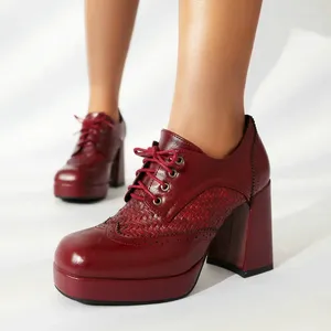 Robe chaussures marron vin rouge couleur mature dames pompes Squre Toe Chunky talons hauts femmes Oxfords grande taille 10.5 43 plate-forme à lacets femme