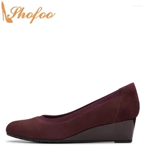 Kledingschoenen Burgundy vrouwen pumps hoge wig hakken ronde teen slip op groot formaat 12 15 dame herfst modekantoor volwassen beknopte shofoob