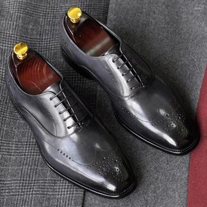 Chaussures habillées d'affaires formelles pour hommes en cuir véritable bloc sculpté bout carré à lacets Oxford